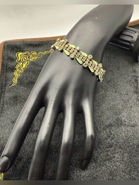 Vintage Signed Weiss Bracelet Green Rhinestone Enamel Floral Panel Art Deco 7"